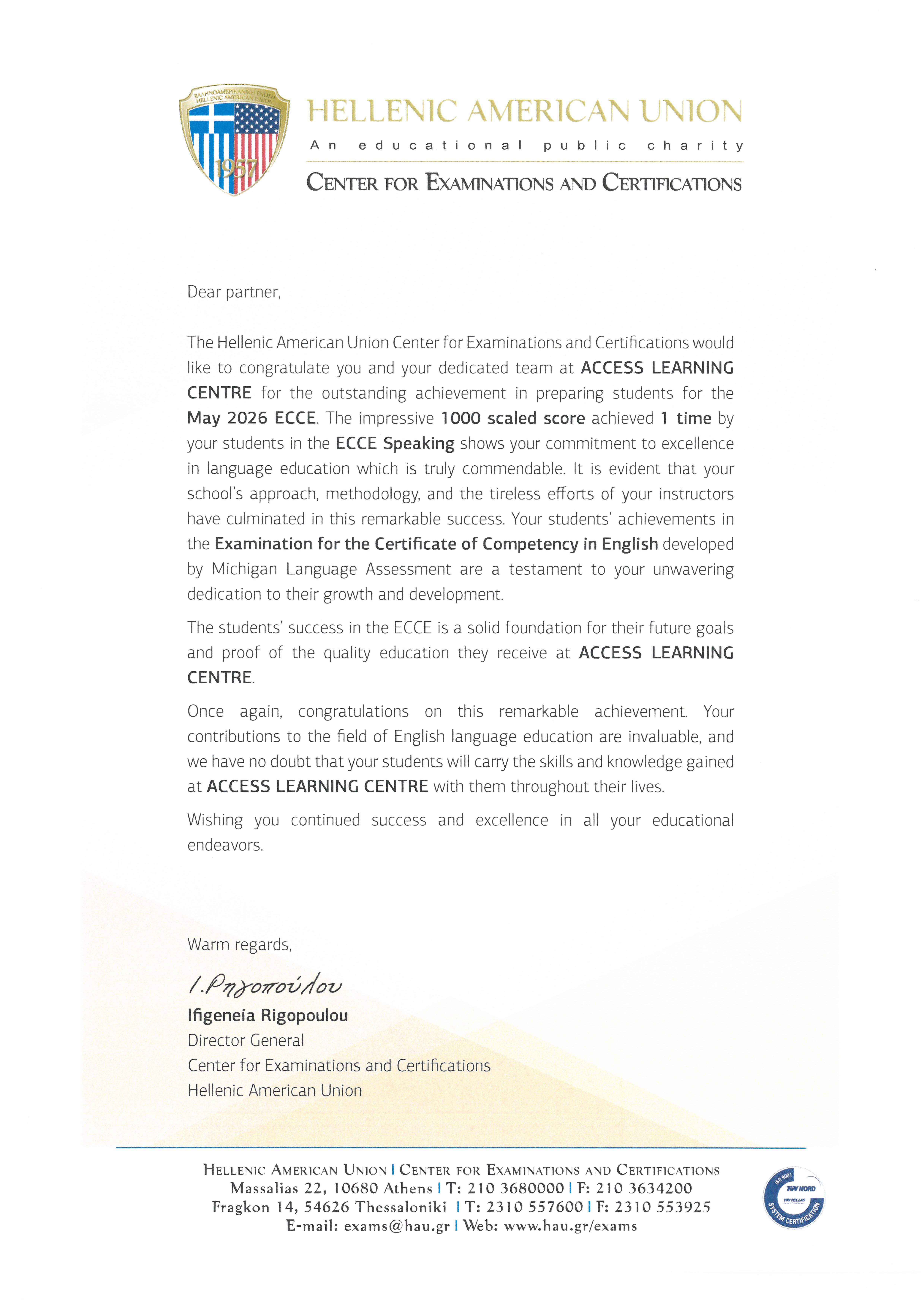 Congratulatory letter from the Hellenic American Union to ACCESS Learning Centre for the May 2026 ECCE examinations.